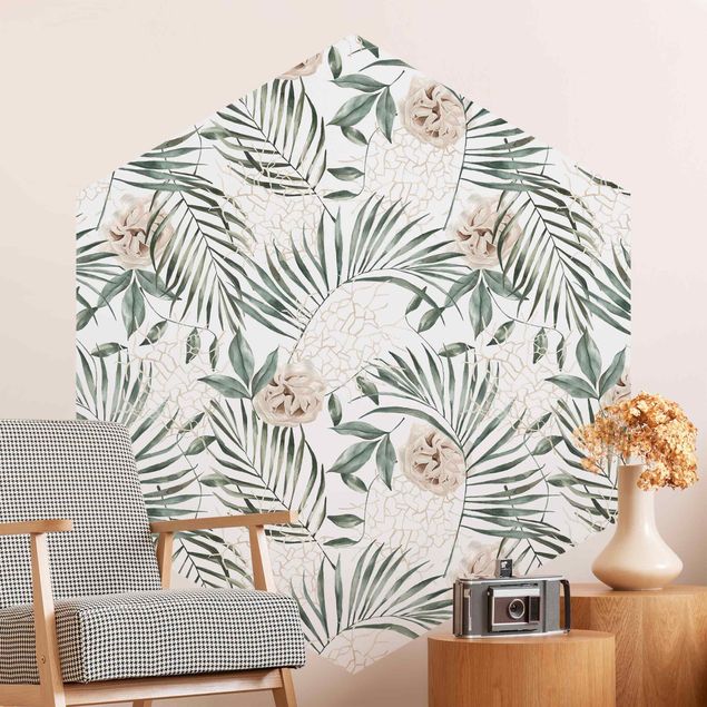 Hexagon Behang Tropical Palm Bows With Roses Watercolour