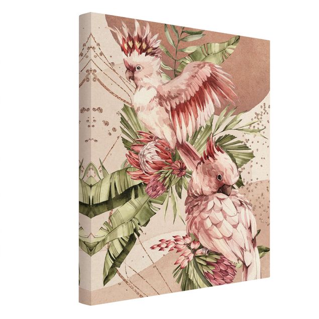 Canvas schilderijen - Goud Tropical Birds - Pink Cockatoes