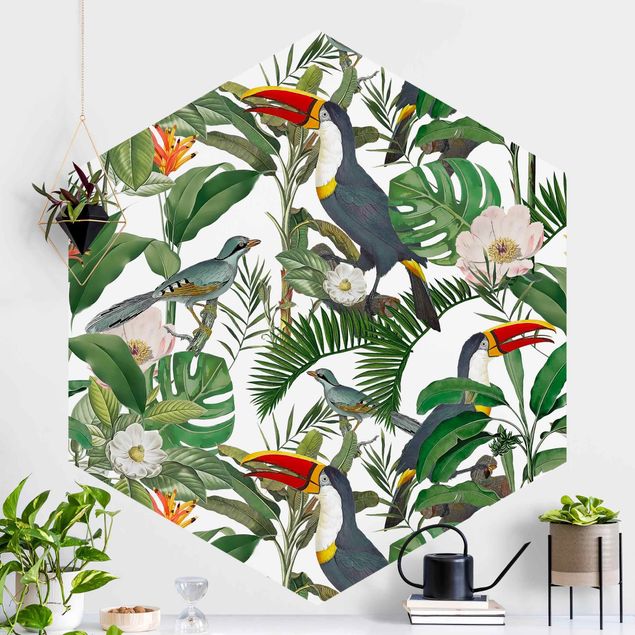 Hexagon Behang Tropical Toucan With Monstera And Palm Leaves