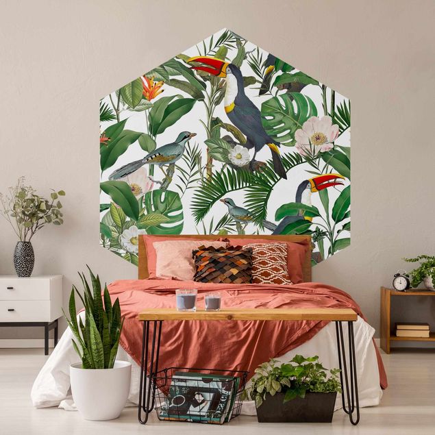 Hexagon Behang Tropical Toucan With Monstera And Palm Leaves