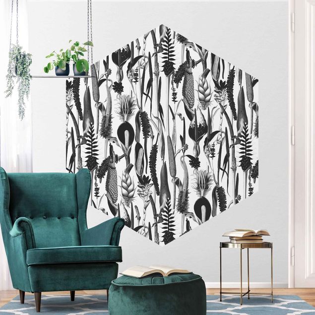 Hexagon Behang Tropical Luxury Pattern Black And White