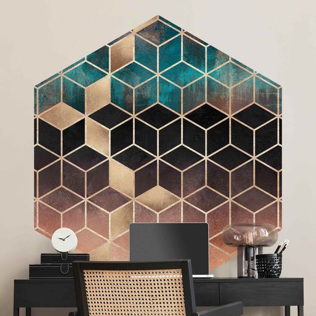 Hexagon Behang Turquoise Rosé Golden Geometry