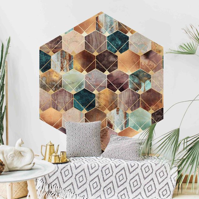 Hexagon Behang Turquoise Geometry Golden Art Deco