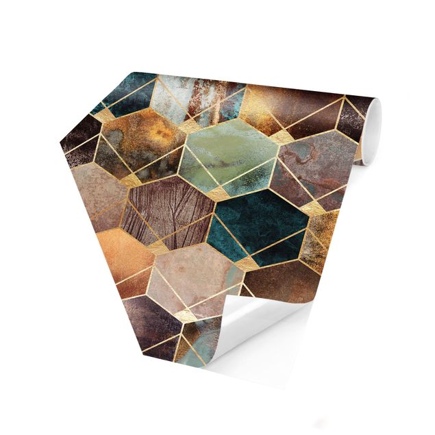 Hexagon Behang Turquoise Geometry Golden Art Deco