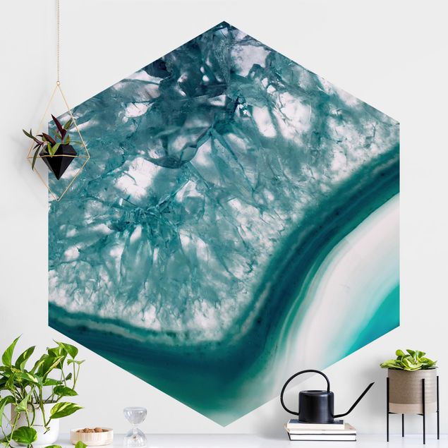 Hexagon Behang Turquoise Crystal