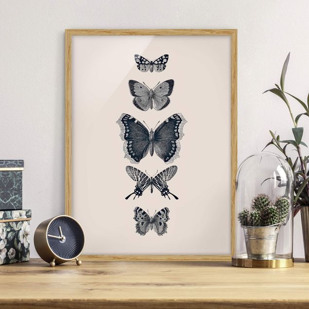 Ingelijste posters Ink Butterflies On Beige Backdrop