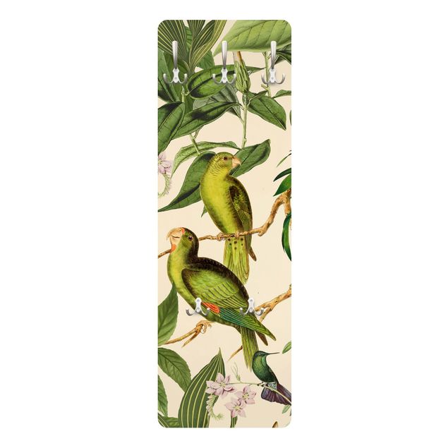 Wandkapstokken houten paneel Vintage Collage - Parrots In The Jungle