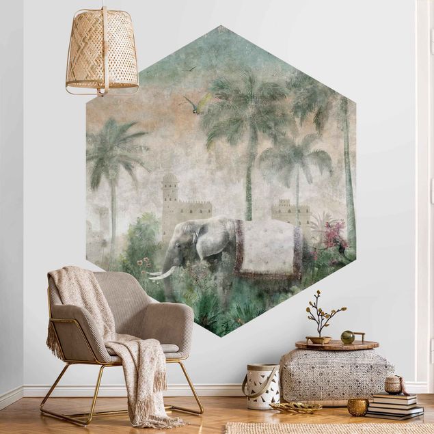 Hexagon Behang - Vintage Jungle Scene with Elephant