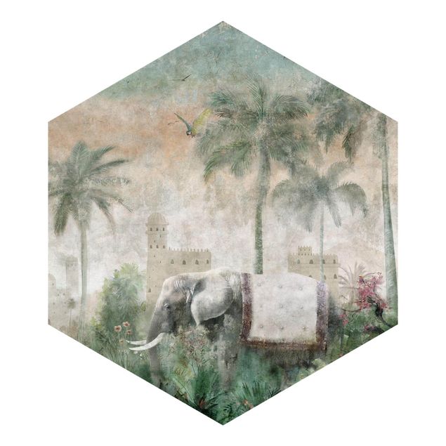 Hexagon Behang - Vintage Jungle Scene with Elephant
