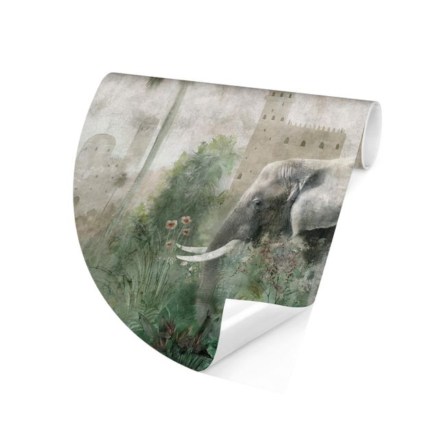 Behangcirkel - Vintage Jungle Scene with Elephant