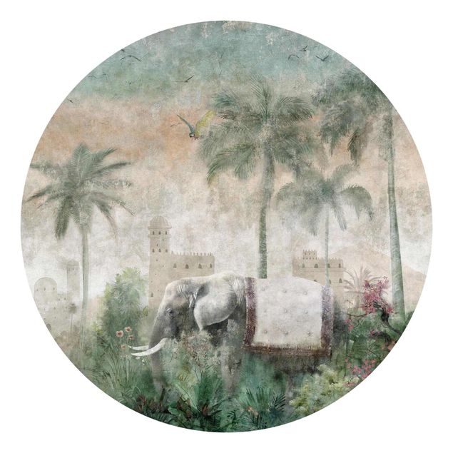 Behangcirkel - Vintage Jungle Scene with Elephant