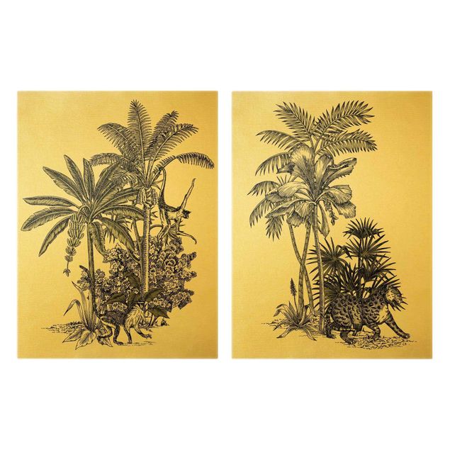 Canvas schilderijen - 2-delig  Vintage Illustration - Monkey And Tiger