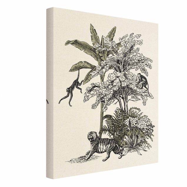 Canvas schilderijen - Goud Vintage Illustration - Climbing Monkeys