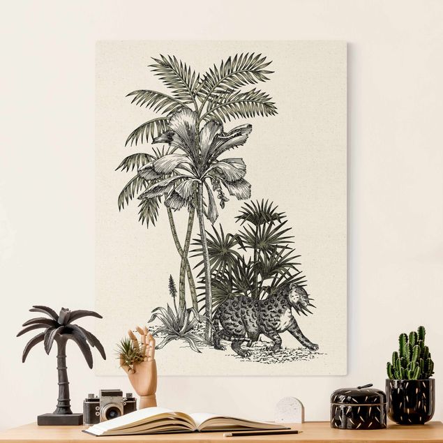 Canvas schilderijen - Goud Vintage Illustration - Tiger And Palm Trees