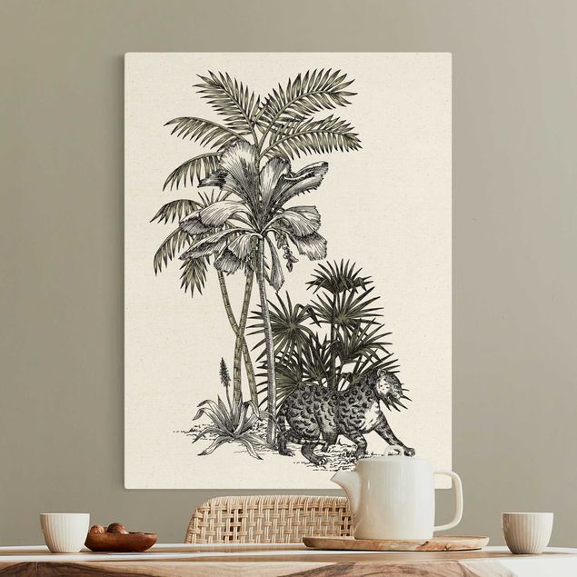 Canvas schilderijen - Goud Vintage Illustration - Tiger And Palm Trees