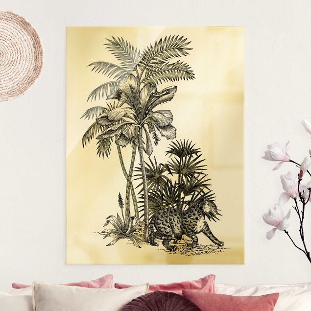 Magnettafel Glas Vintage Illustration - Tiger And Palm Trees