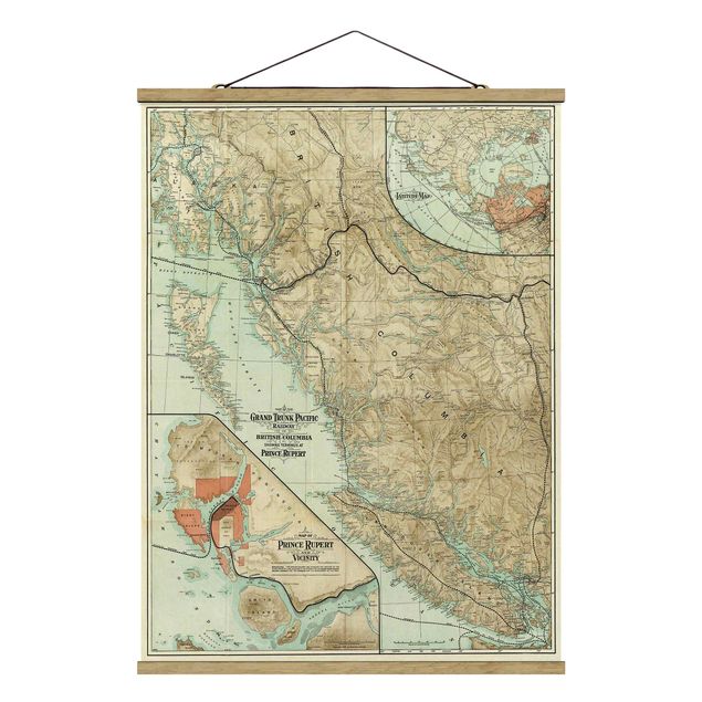 Stoffen schilderij met posterlijst Vintage Map British Columbia
