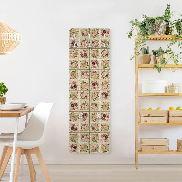 Wandkapstokken houten paneel Vintage Roses And Hydrangeas