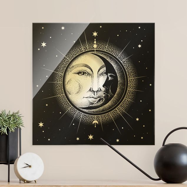 Glasschilderijen Vintage Sun And Moon Illustration