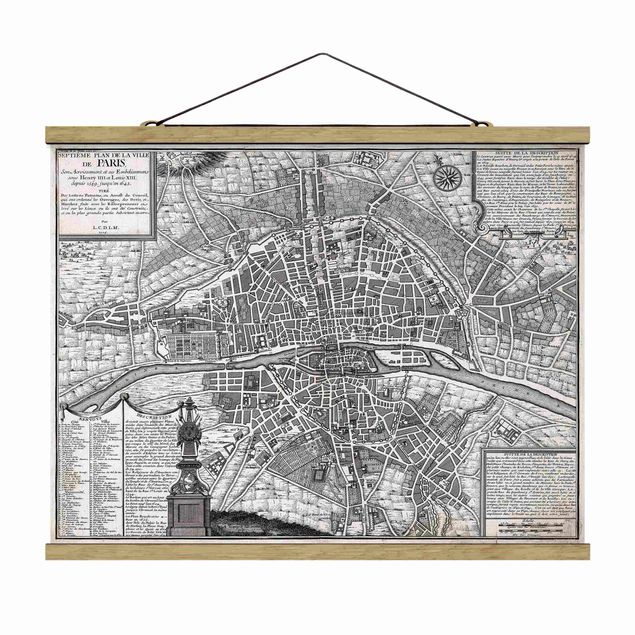 Stoffen schilderij met posterlijst Vintage Map City Of Paris Around 1600