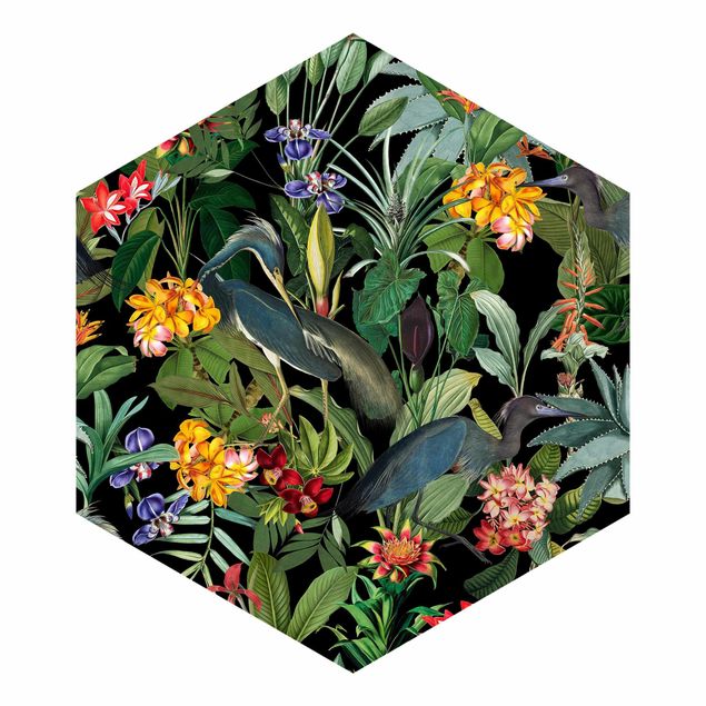 Hexagon Behang Birds With Tropical Flowers