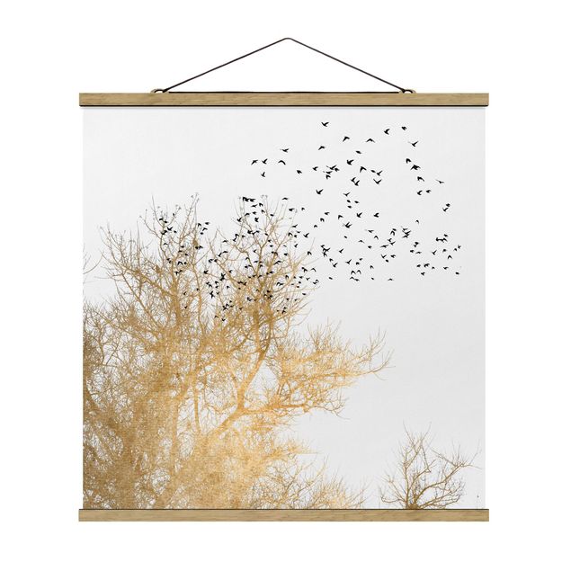 Stoffen schilderij met posterlijst Flock Of Birds In Front Of Golden Tree