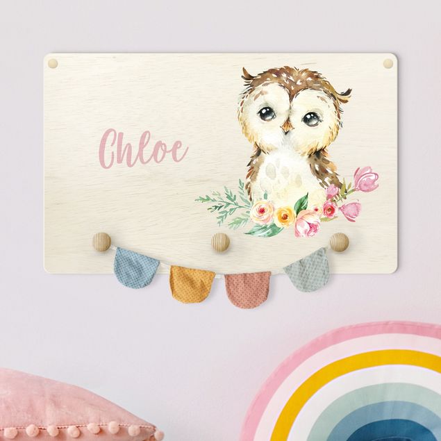Wandkapstokken voor kinderen Forest Animal Baby Owl With Customised Name