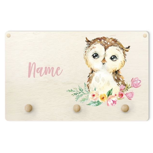 Wandkapstokken voor kinderen Forest Animal Baby Owl With Customised Name