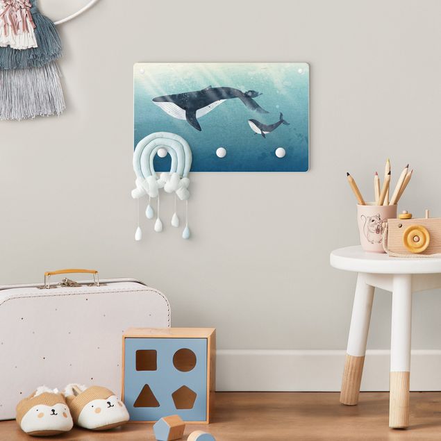 Wandkapstokken voor kinderen Whale Mother With Calf With Rays Of Light