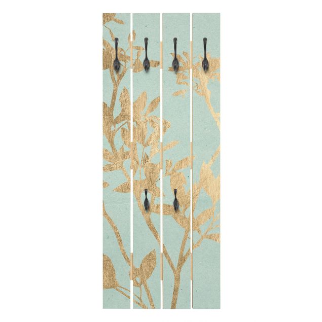 Wandkapstokken houten pallet Golden Leaves On Turquoise II