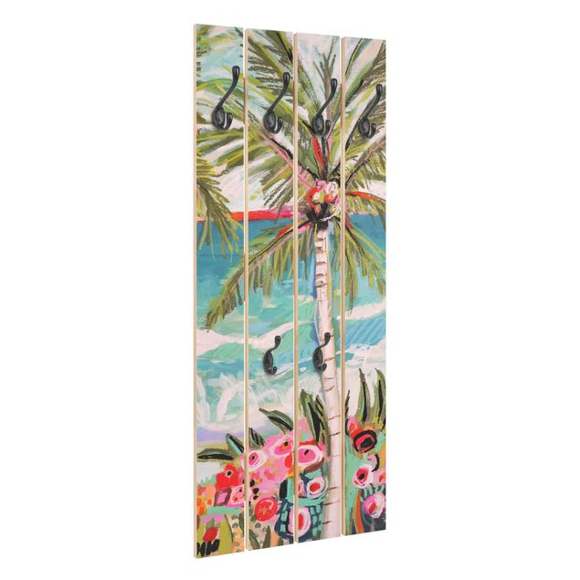 Wandkapstokken houten pallet Palm Tree With Pink Flowers II