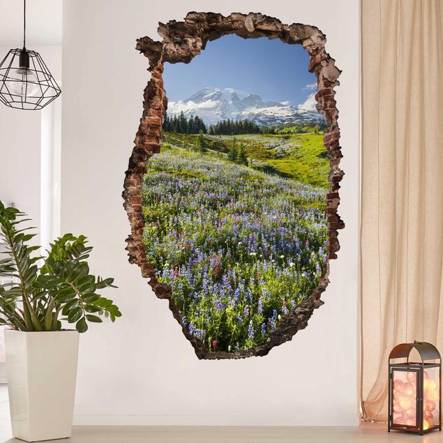Muurstickers 3d Mountain Meadow With Red Flowers in Front of Mt. Rainier Break Through Wall
