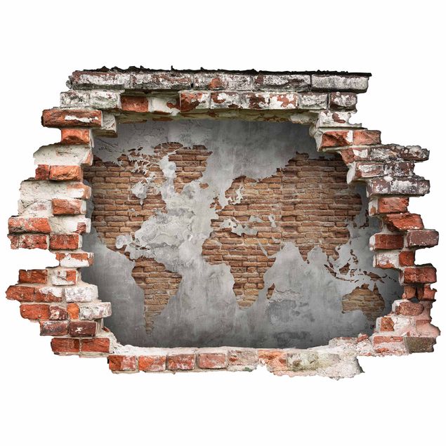 Muurstickers 3d Shabby Concrete Brick World Map