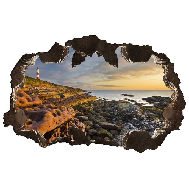 Muurstickers 3d Tarbat Ness Lighthouse And Sunset At The Ocean