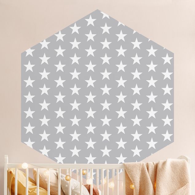 Hexagon Behang White Stars On Gray Background