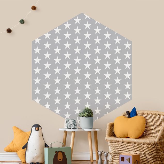 Hexagon Behang White Stars On Gray Background