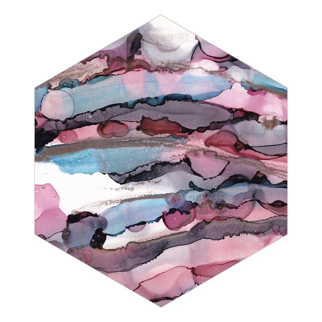 Hexagon Behang Surfing Waves In Purple With Pink Gold
