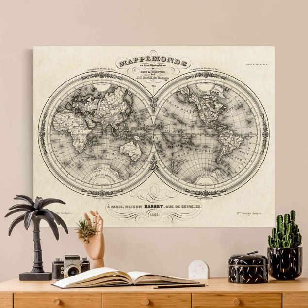 Canvas schilderijen - Goud World Map - French Map Of The Hemisphere From 1848