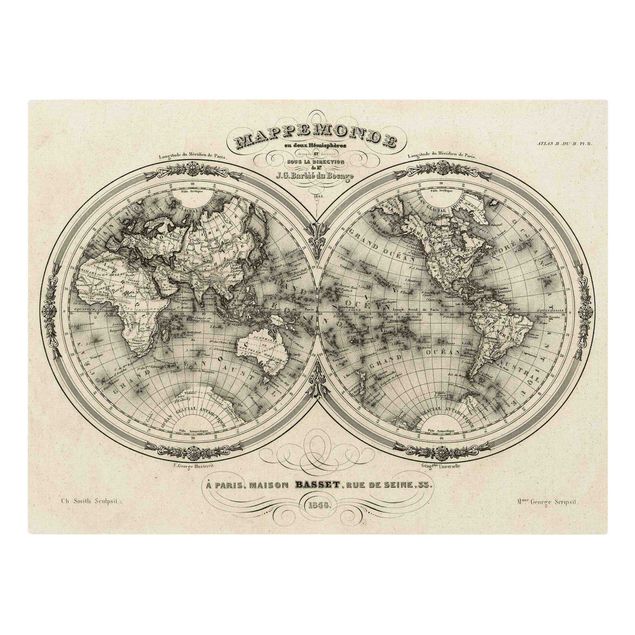 Canvas schilderijen - Goud World Map - French Map Of The Hemisphere From 1848