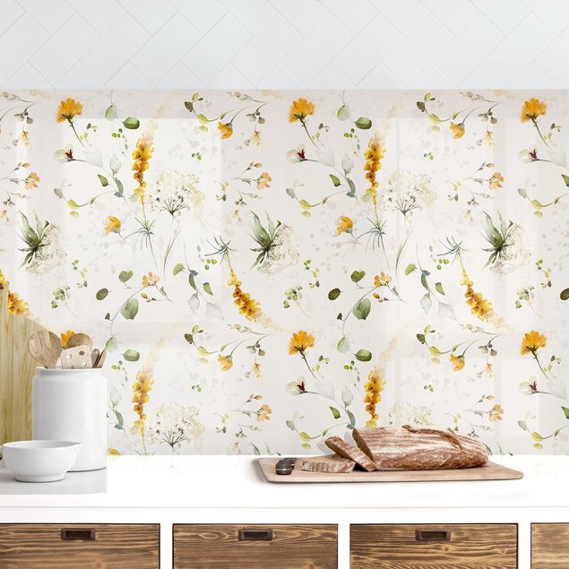 Achterwand voor keuken bloemen Wildflowers Watercolour Pattern on Beige
