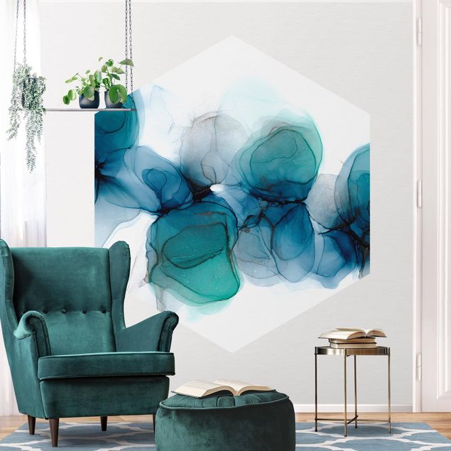 Hexagon Behang Wild Flowers In Blue And Gold