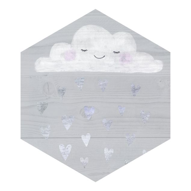 Hexagon Behang Cloud With Silver Hearts