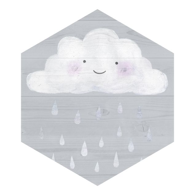 Hexagon Behang Cloud With Silver Raindrops