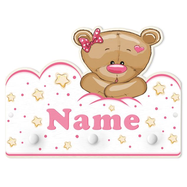 Wandkapstokken voor kinderen Clouds Teddy Pink With Customised Name