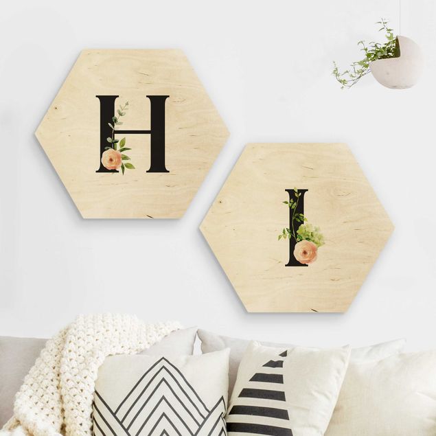 Hexagons houten schilderijen Desired Letter Watercolour Flowers