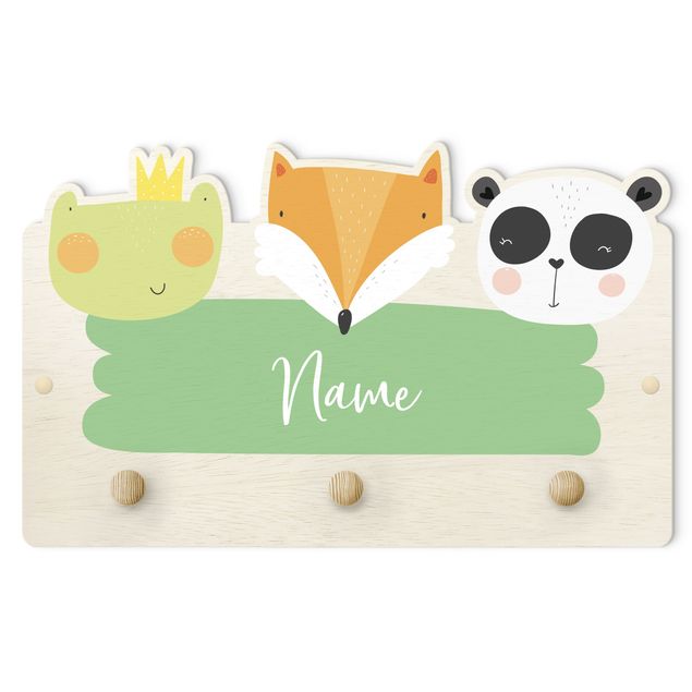 Wandkapstokken voor kinderen Customised Name Cute Zoo - Frog Fox And Panda