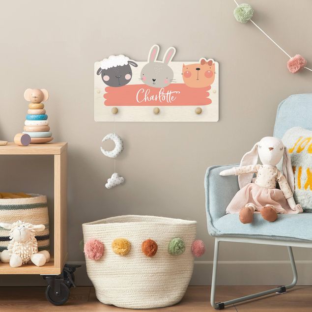 Wandkapstokken voor kinderen Customised Name Cute Zoo - Sheep Rabbit And Cat