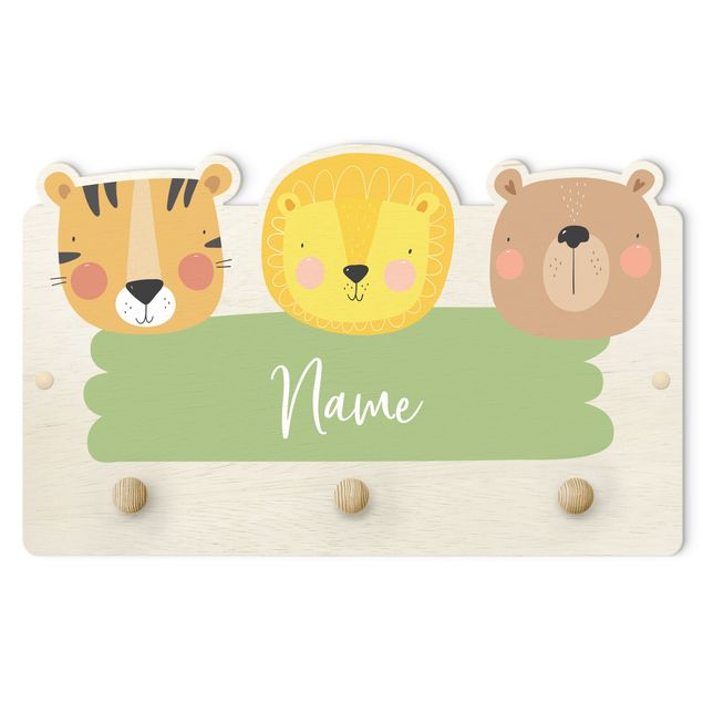 Wandkapstokken voor kinderen Customised Name Cute Zoo - Tiger Lion And Bear