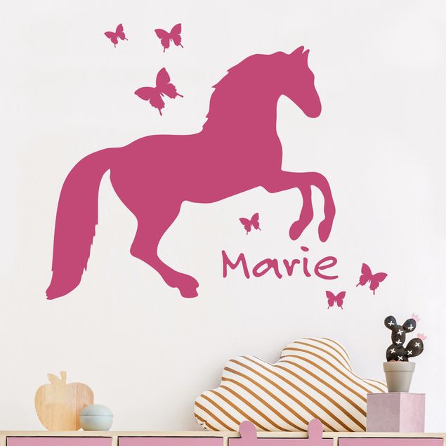 Muurstickers paard Horse With Butterflies With Customised Name