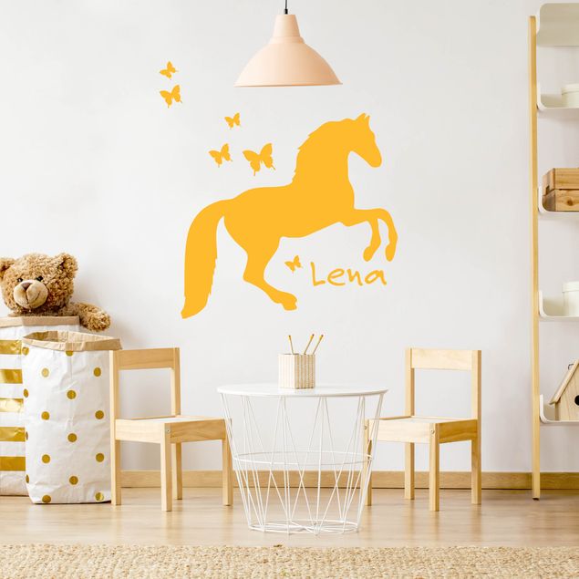 Muurstickers vlinders Horse With Butterflies With Customised Name